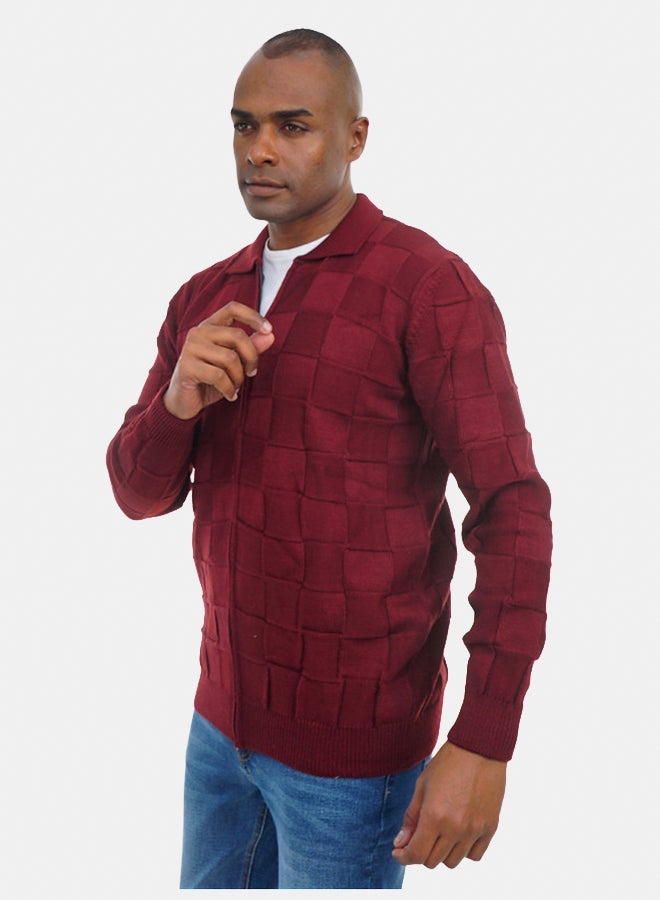 FIRE WOOD FireWood Zipper Knit Cardigan Long Sleeve Soft Knit Fabric For Men- Wine Red - Image 3
